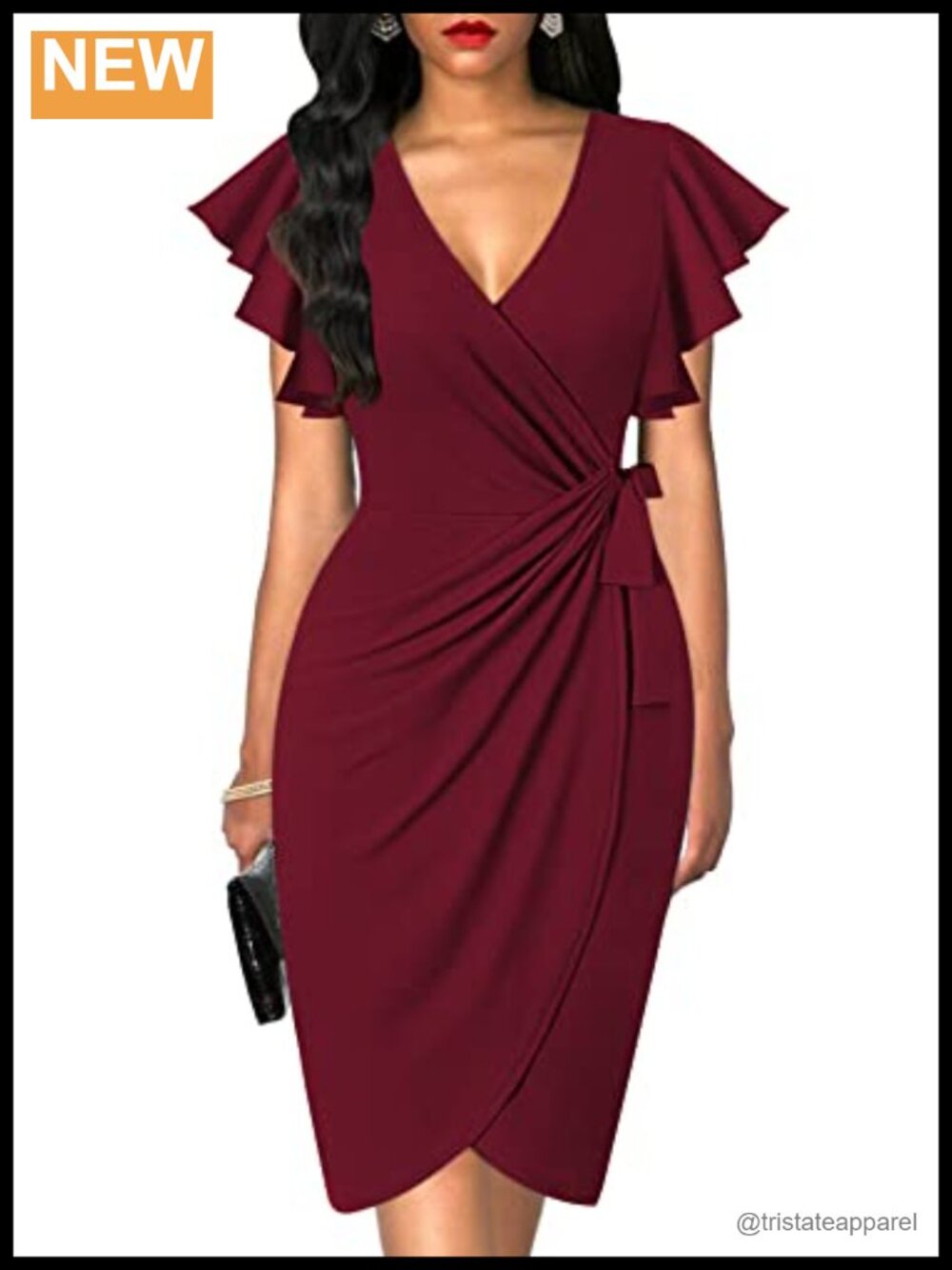 Womens Faux Wrap Dress Deep V Neck Ruffle Sleeve Business Casual Knee-Length